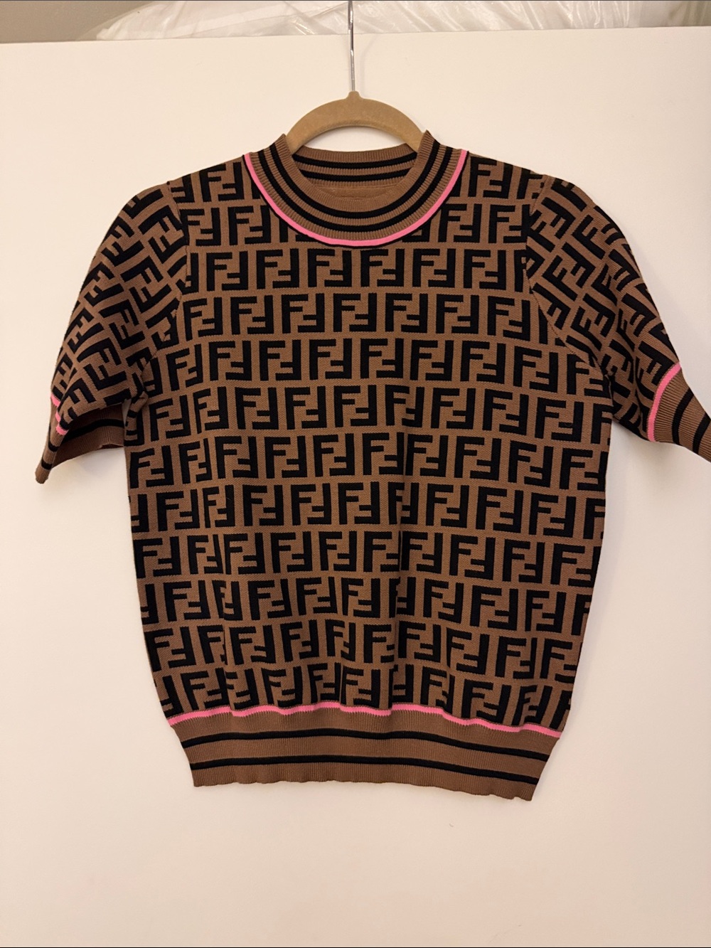 Fendi Brown & Black FF Logo Crewneck Sweater with Pink Trim